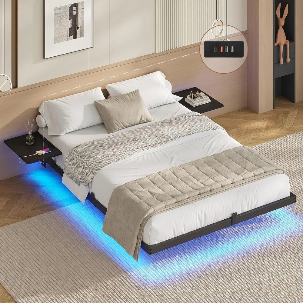 Lit 2 Personnes avec 2 étagères de Chevet,Cadre de Lit 140 x 190 avec Sommier Métal,Multiprise et éclairage LED, 24 CM de Ra