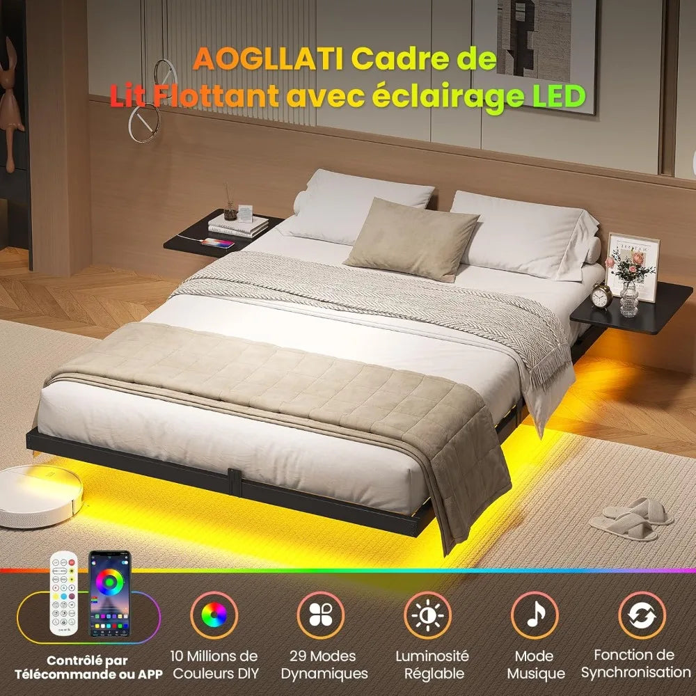 Lit 2 Personnes avec 2 étagères de Chevet,Cadre de Lit 140 x 190 avec Sommier Métal,Multiprise et éclairage LED, 24 CM de Ra