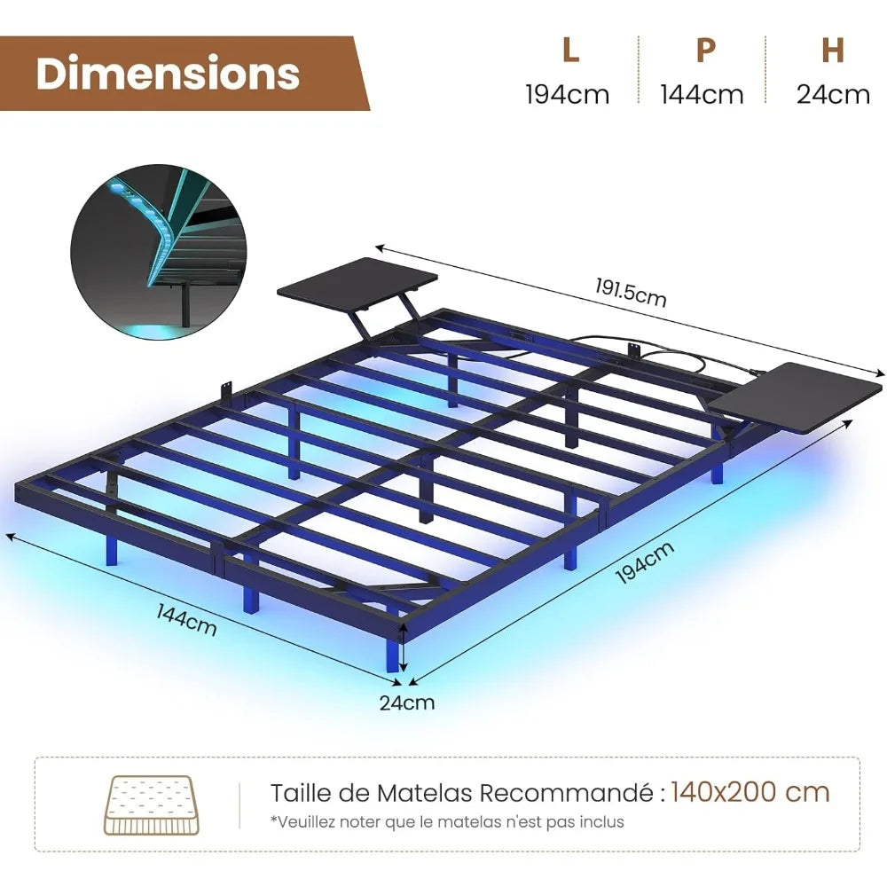 Lit 2 Personnes avec 2 étagères de Chevet,Cadre de Lit 140 x 190 avec Sommier Métal,Multiprise et éclairage LED, 24 CM de Ra