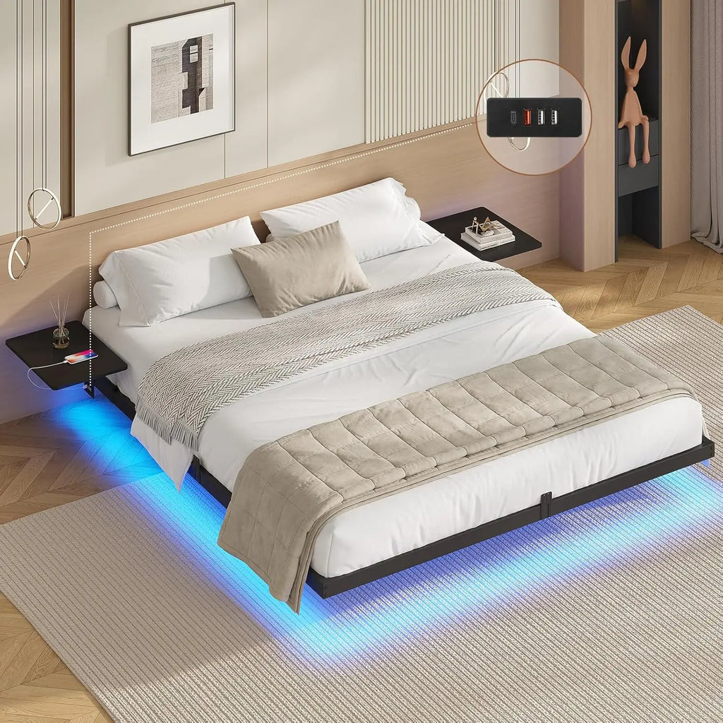 Lit 2 Personnes avec 2 étagères de Chevet,Cadre de Lit 140 x 190 avec Sommier Métal,Multiprise et éclairage LED, 24 CM de Ra