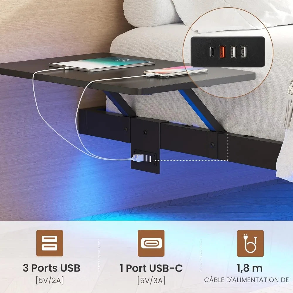 Lit 2 Personnes avec 2 étagères de Chevet,Cadre de Lit 140 x 190 avec Sommier Métal,Multiprise et éclairage LED, 24 CM de Ra