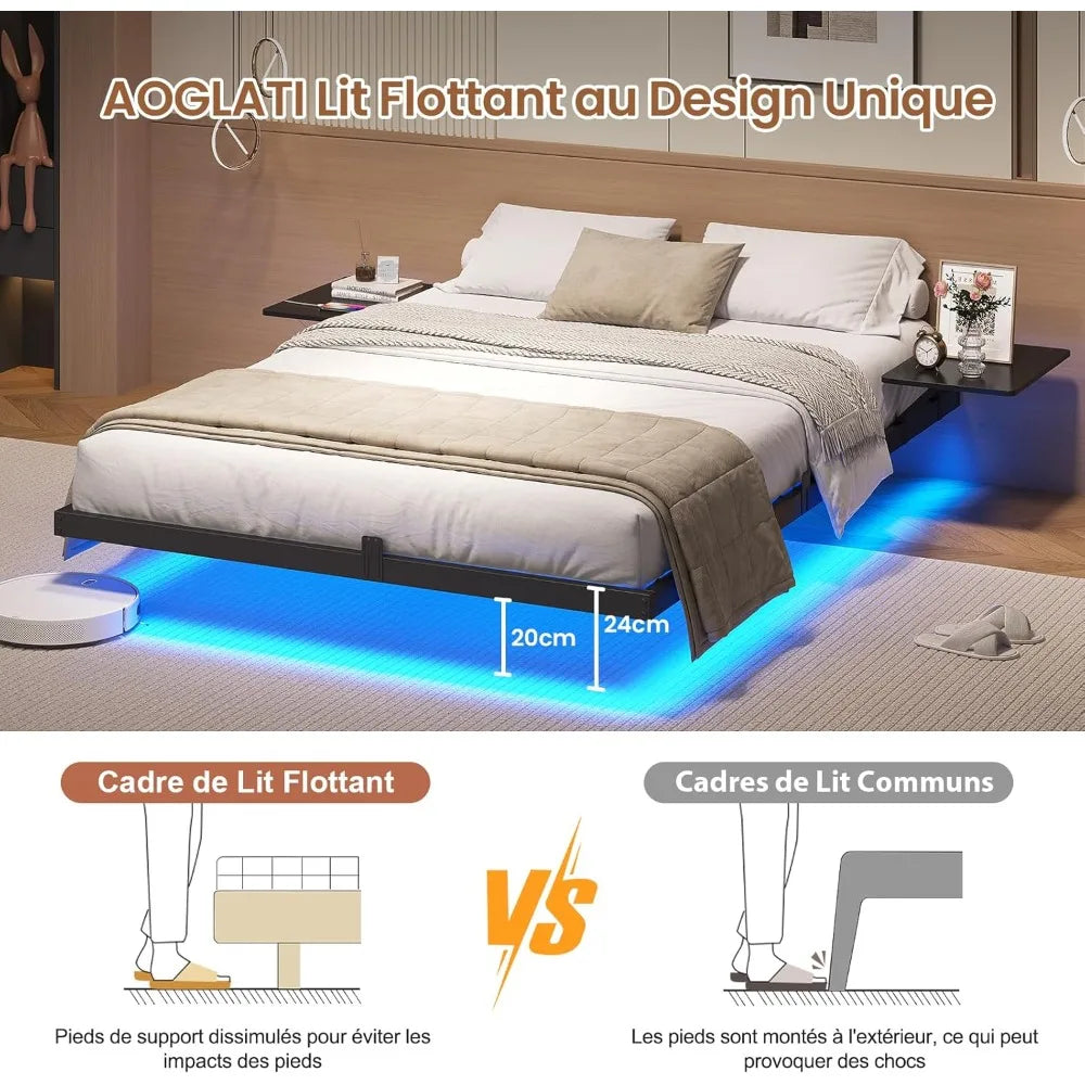 Lit 2 Personnes avec 2 étagères de Chevet,Cadre de Lit 140 x 190 avec Sommier Métal,Multiprise et éclairage LED, 24 CM de Ra